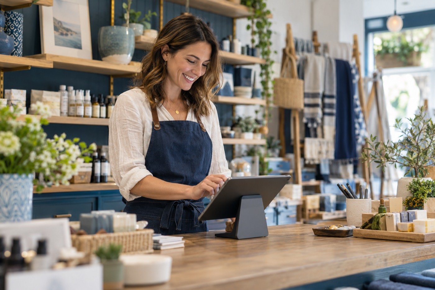 Boutique owner ringing up a sale on a tablet