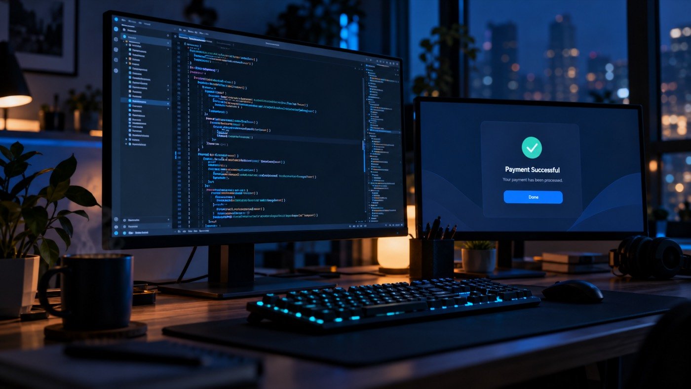 Developer workspace with a payment confirmation on screen