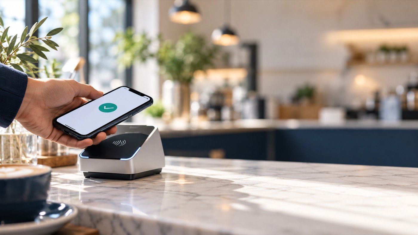 Contactless payment at a cafe counter