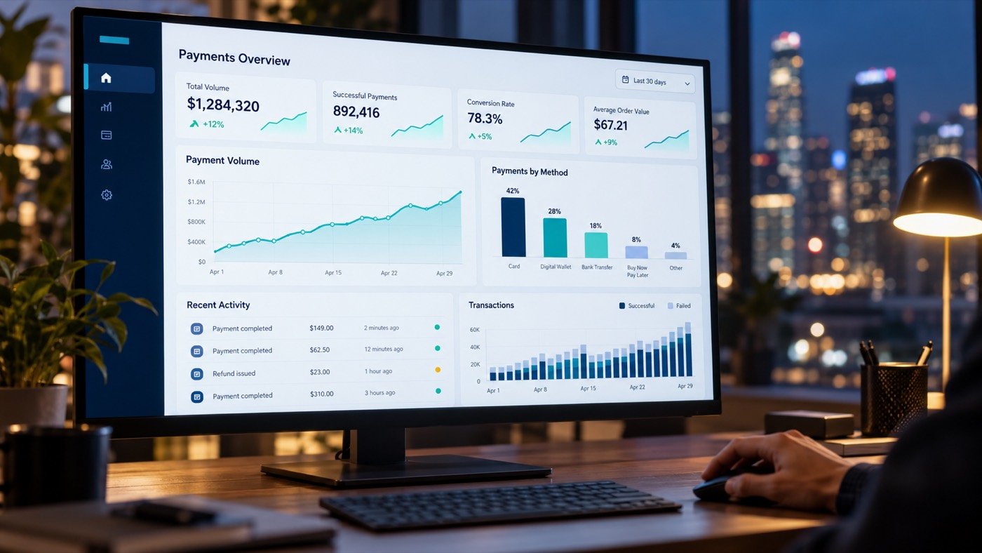 Payments dashboard on an office monitor